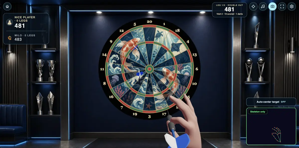 A koi-themed dartboard in DARTS: Real Throw 501 mode
