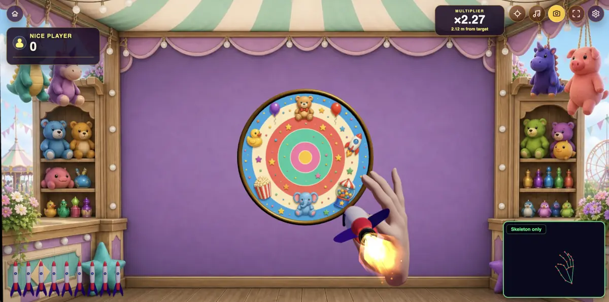 A colorful long-shot target in a toy-filled carnival stall