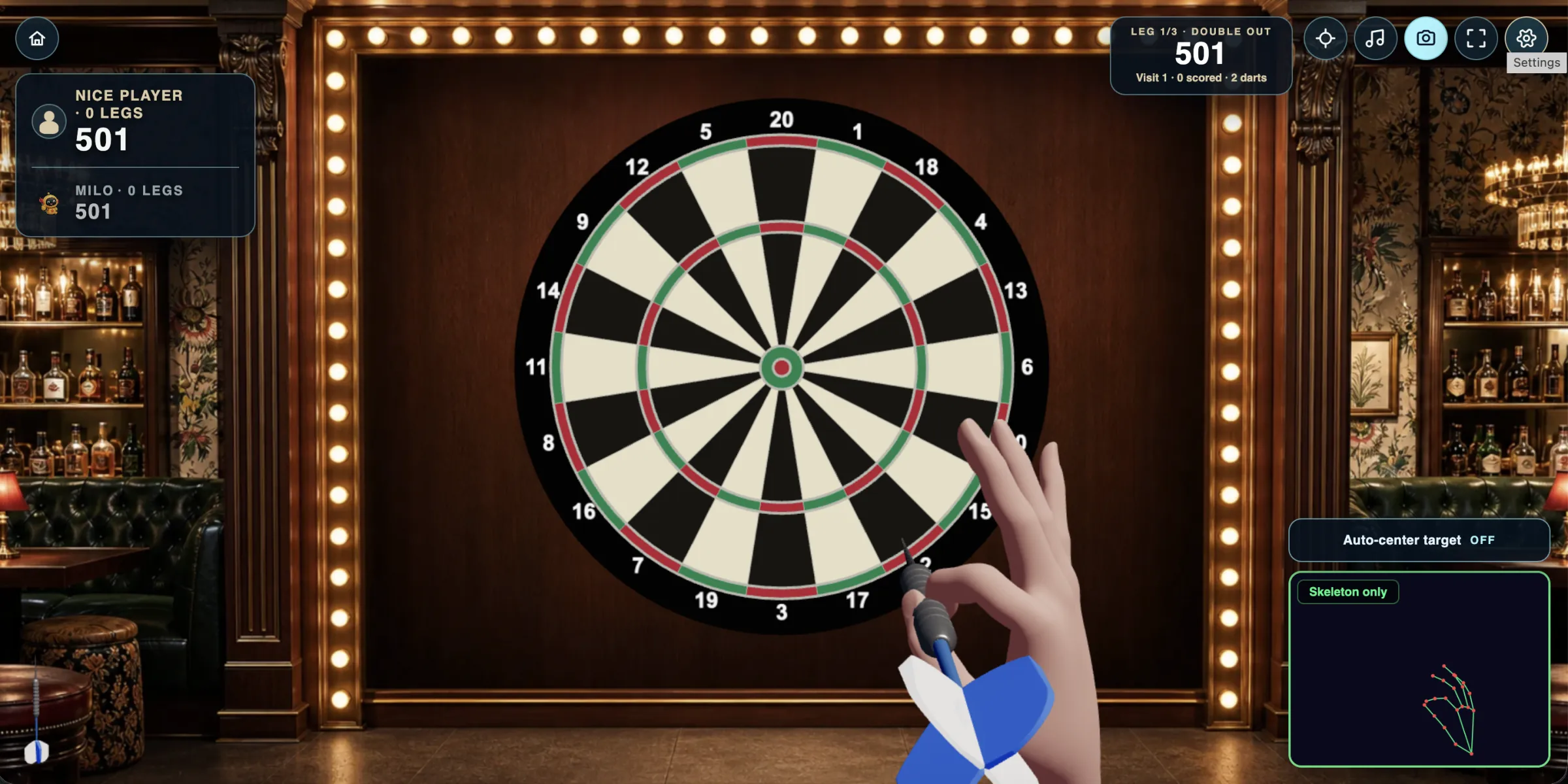 DARTS: Real Throw gameplay showing a hand-tracked dart aimed at a dartboard in a warm lounge
